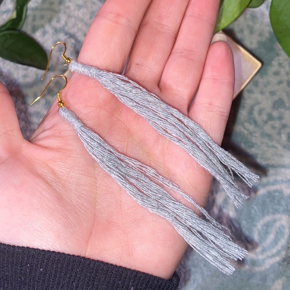 Light Blue Gray Hand Crafted Macrame Style  Fringe Gold Toned Dangle Earrings - Picture 5 of 9